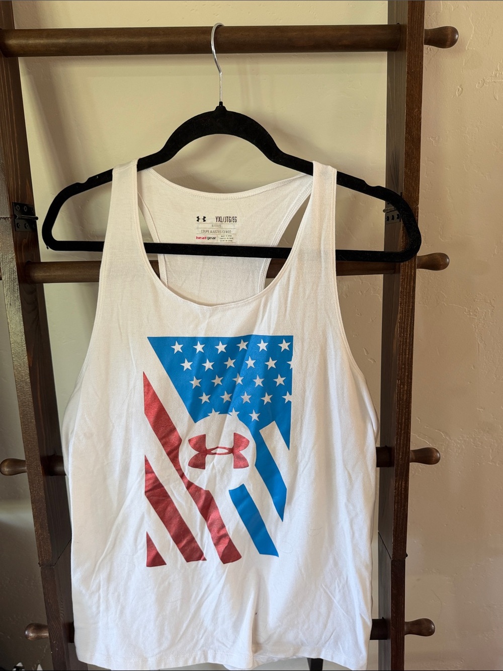 Under Armour White Tank with Red & Blue Flag Graphic